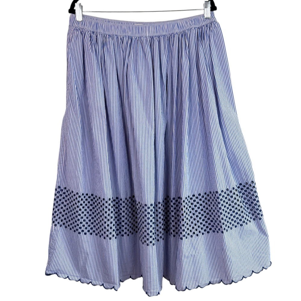 J Crew Womens Striped Embroidered Midi Skirt Sz L Blue White Coastal Cottage - Picture 2 of 8